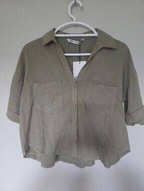 ZARA Olive Green Button-Front Linen Blend Shirt